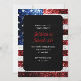 USA Flagge Rot-Blau-Glitzern Glitzer Sweet 16 Einladung
