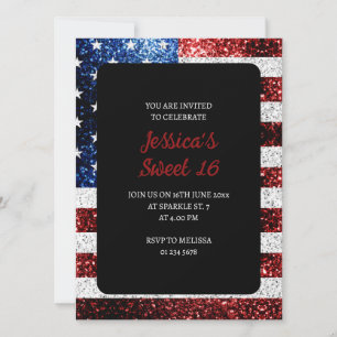 USA Flagge Rot-Blau-Glitzern Glitzer Sweet 16 Einladung