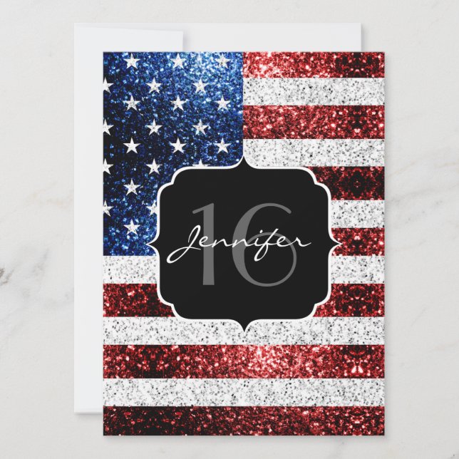 USA Flagge Rot-Blau-Glitzern Glitzer Sweet 16 Einladung (Vorderseite)