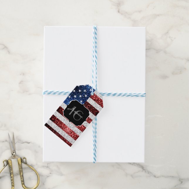 USA Flagge Rot-Blau-Glitzern Glitzer Sweet 16 Geschenkanhänger (Mit Garn)