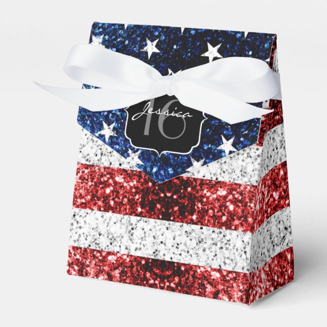 USA Flagge Rot-Blau-Glitzern Glitzer Sweet 16 Geschenkschachtel (Vorderseite)
