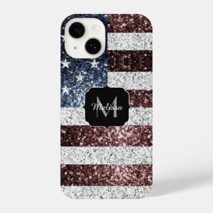 USA-Flagge Rot-Blau-Glitzern Monogram iPhone 14 Hülle