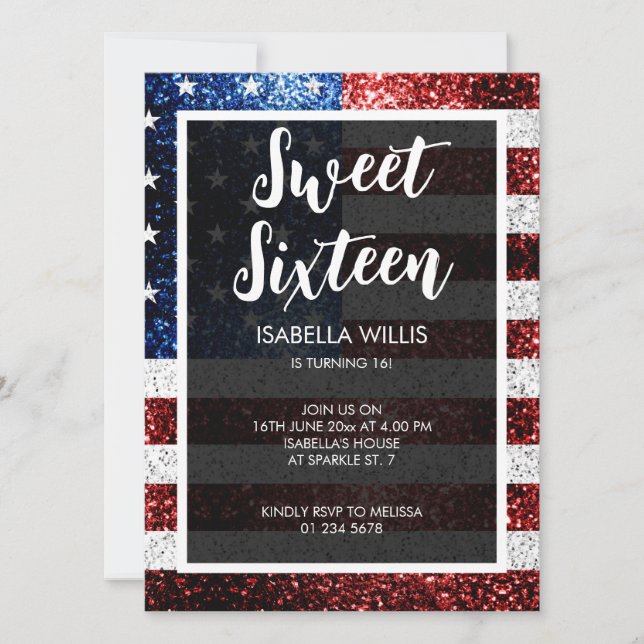 USA Flagge Rot-Blau Glitzern Sweet 16 elegant Einladung (Vorderseite)