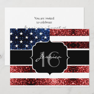 USA Flagge rot blaue Glitzern Glitzer Sweet 16 ein Einladung