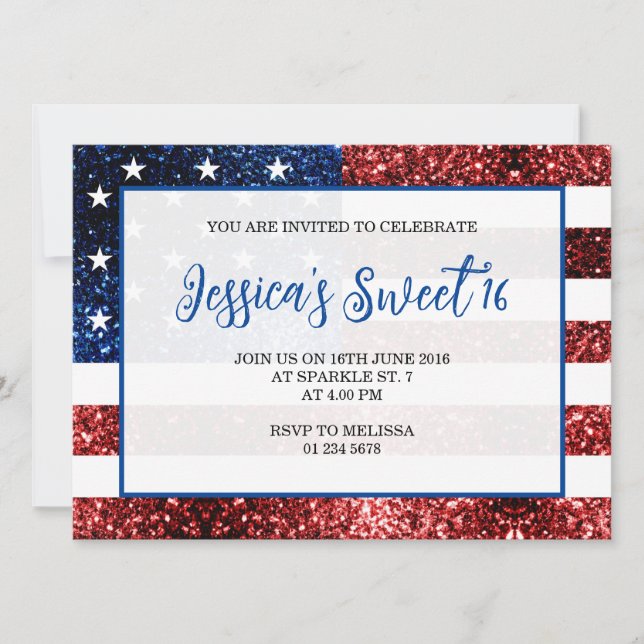 USA Flagge Rot blaue Glitzern Sweet 16 elegantes D Einladung (Vorderseite)