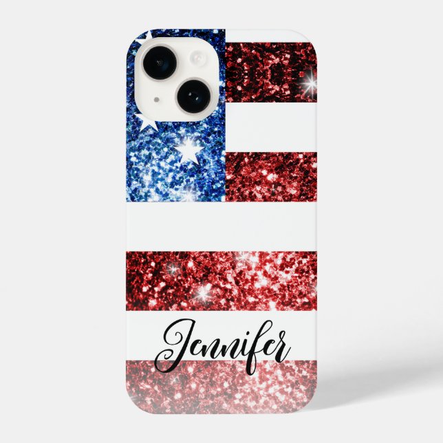 USA Flagge Rot blaue Imitate Glitzern Ihr Name iPhone 14 Hülle (Rückseite)
