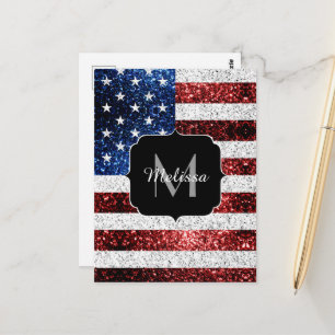 USA-Flagge rot weiß blau funkelt glänzt Monogramm Postkarte