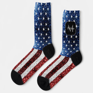 USA-Flagge rot weiß blau funkelt glänzt Monogramm Socken