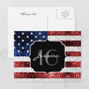 USA-Flagge rot weiß blau funkelt Glitter Sweet 16 Postkarte