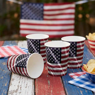 USA Flagge Rot, Weiße Streifen, Sternenblau Pappbecher