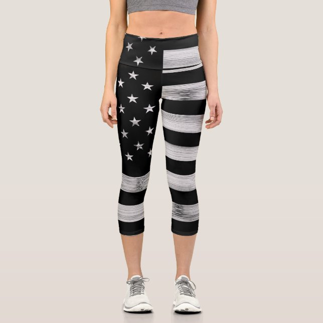 USA flagge Rustic Wood Schwarz-weiß Patriotic Amer Capri Leggings (Vorderseite)