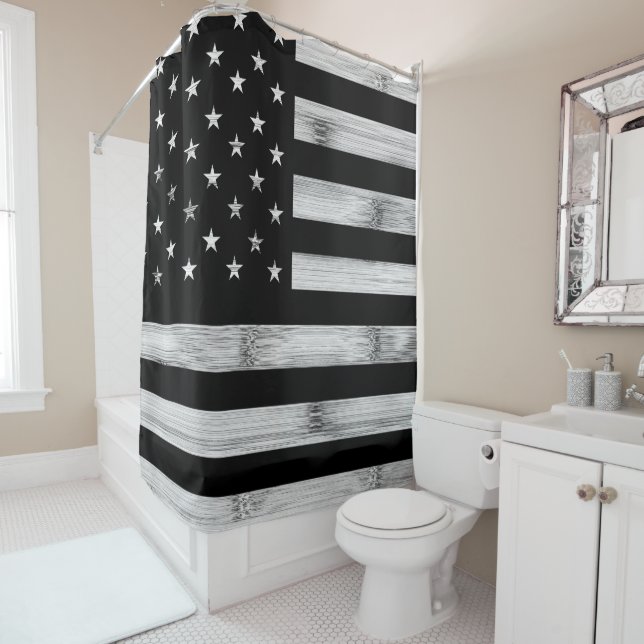 USA flagge Rustic Wood Schwarz-weiß Patriotic Amer Duschvorhang (Beispiel)
