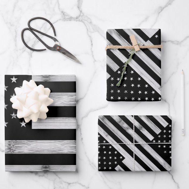 USA flagge Rustic Wood Schwarz-weiß Patriotic Amer Geschenkpapier Set (Vorderseite)