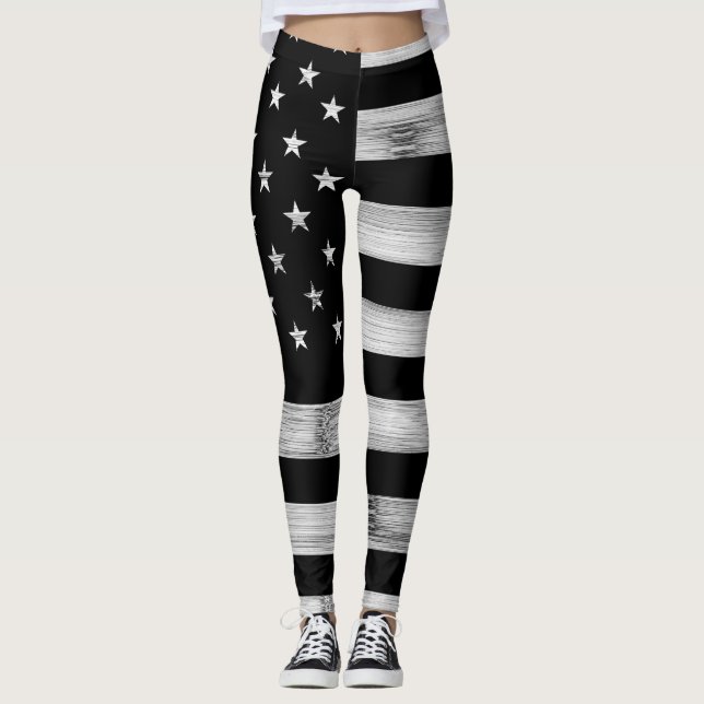 USA flagge Rustic Wood Schwarz-weiß Patriotic Amer Leggings (Vorderseite)