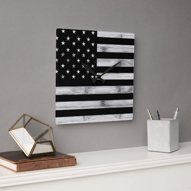 USA flagge Rustic Wood Schwarz-weiß Patriotic Amer Quadratische Wanduhr (Büro)