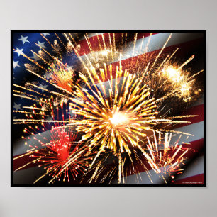 USA-Flagge und Feuerwerkskörper Poster