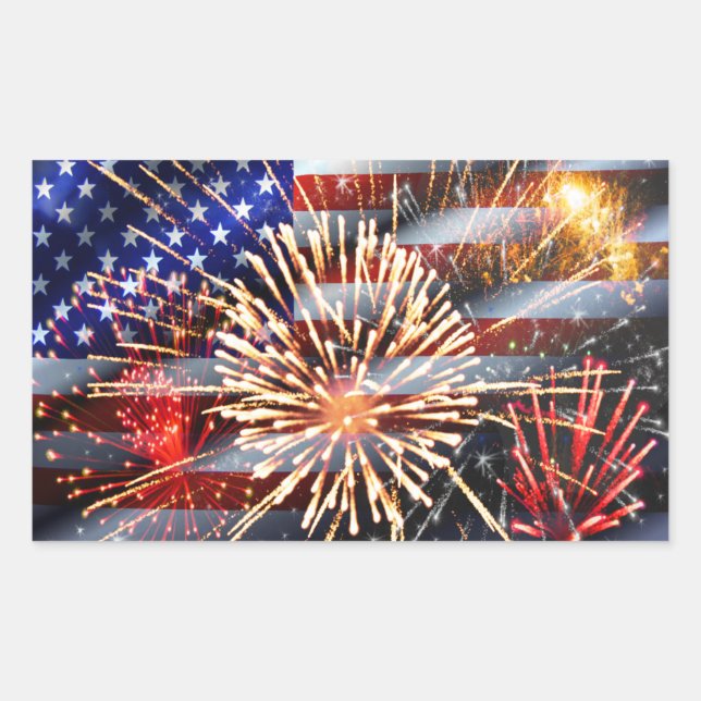USA-Flagge und Feuerwerkskörper Rechteckiger Aufkleber (Vorderseite)