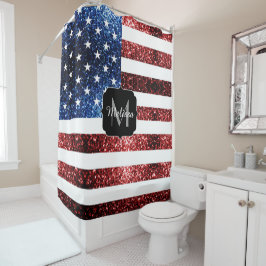 USA Flaggen Rot-Blau-Glitzern Glitzer USA Monogram Duschvorhang