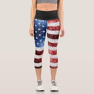 USA Flaggen Rot-Blau-Glitzern Glitzern Capri Leggings