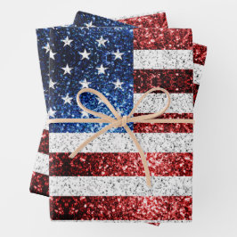 USA Flaggen Rot-Blau-Glitzern Glitzern Geschenkpapier Set