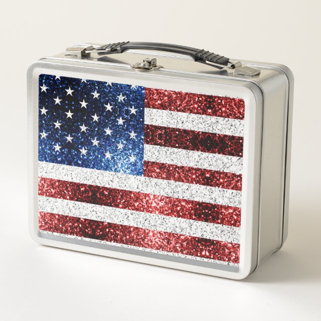 USA Flaggen Rot-Blau-Glitzern Glitzern Metall Brotdose (Vorderseite)