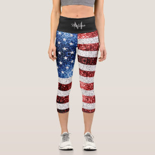 USA Flaggen Rot-Blau-Glitzern Glitzern Monogram Capri Leggings