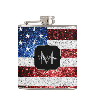 USA Flaggen Rot-Blau-Glitzern Glitzern Monogram Flachmann