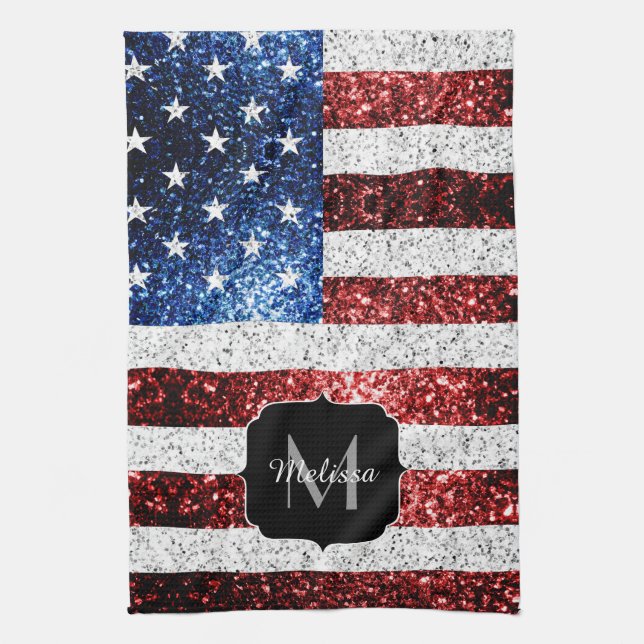 USA Flaggen Rot-Blau-Glitzern Glitzern Monogram Geschirrtuch (Vertikal)
