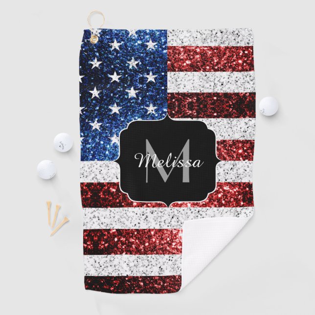 USA Flaggen Rot-Blau-Glitzern Glitzern Monogram Golfhandtuch (Insitu)