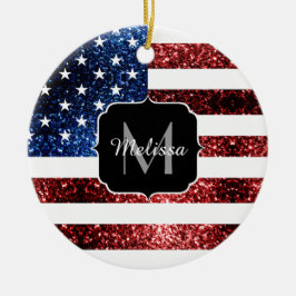 USA Flaggen Rot-Blau-Glitzern Glitzern Monogram Keramik Ornament