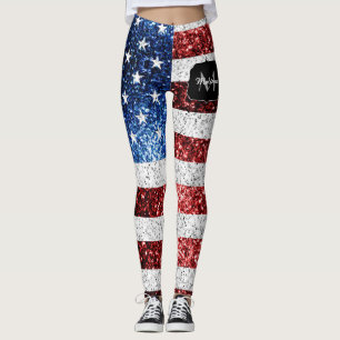 USA Flaggen Rot-Blau-Glitzern Glitzern Monogram Leggings