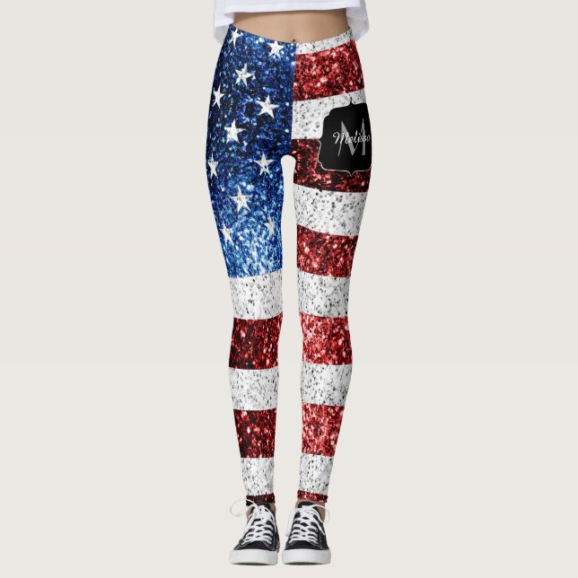USA Flaggen Rot-Blau-Glitzern Glitzern Monogram Leggings (Vorderseite)