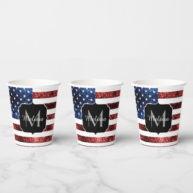 USA Flaggen Rot-Blau-Glitzern Glitzern Monogram Pappbecher (Multi)