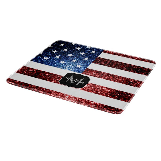 USA Flaggen Rot-Blau-Glitzern Glitzern Monogram Schneidebrett (Ecke)