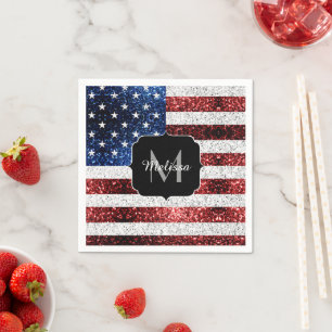 USA Flaggen Rot-Blau-Glitzern Glitzern Monogram Serviette