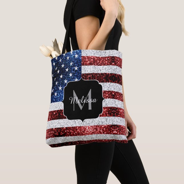 USA Flaggen Rot-Blau-Glitzern Glitzern Monogram Tasche (Von Nahem)