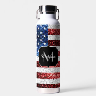 USA Flaggen Rot-Blau-Glitzern Glitzern Monogram Trinkflasche