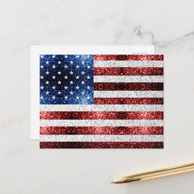 USA Flaggen Rot-Blau-Glitzern Glitzern Postkarte (Vorderseite/Rückseite Beispiel)