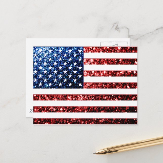 USA Flaggen Rot-Blau-Glitzern Glitzern Postkarte (Vorderseite/Rückseite Beispiel)