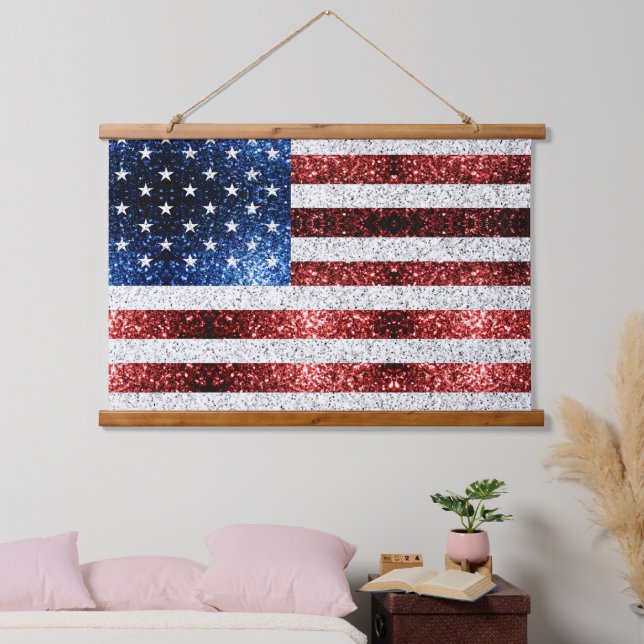 USA Flaggen Rot-Blau-Glitzern Glitzern Wandteppich Mit Holzrahmen (Schlafzimmer)