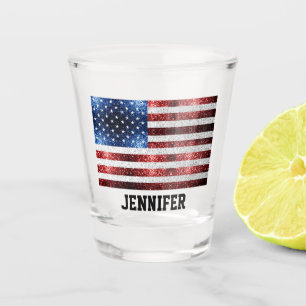 USA Flaggen Rot-Blau-Glitzern Individuelle Name Schnapsglas