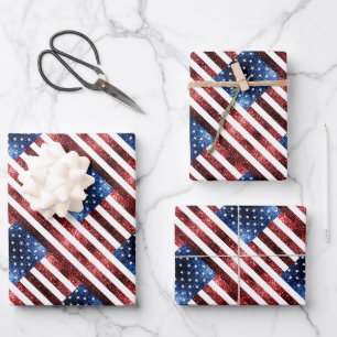 USA Flaggen Rot-Blau-Glitzern Muster Glitzer Geschenkpapier Set