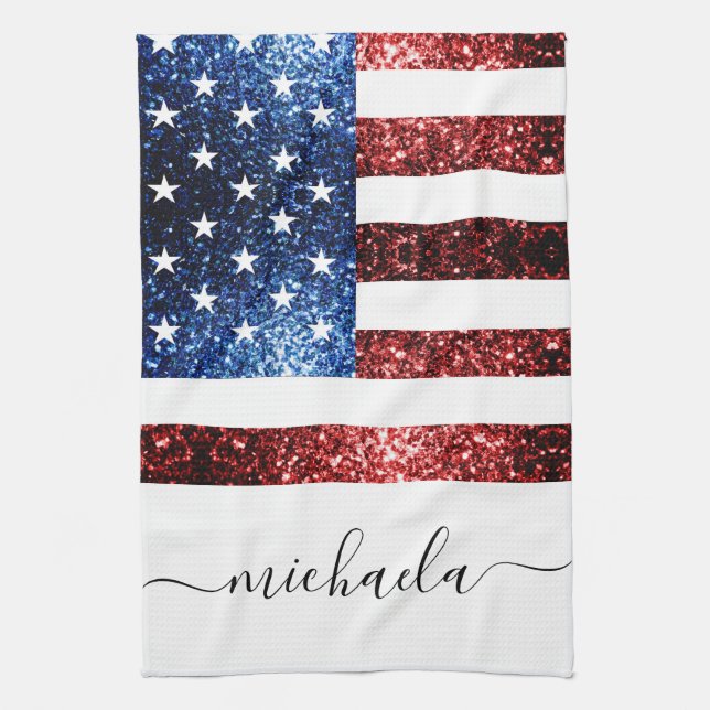 USA Flaggen Rot-Blau-Imitate Glitzern Monogram Geschirrtuch (Vertikal)