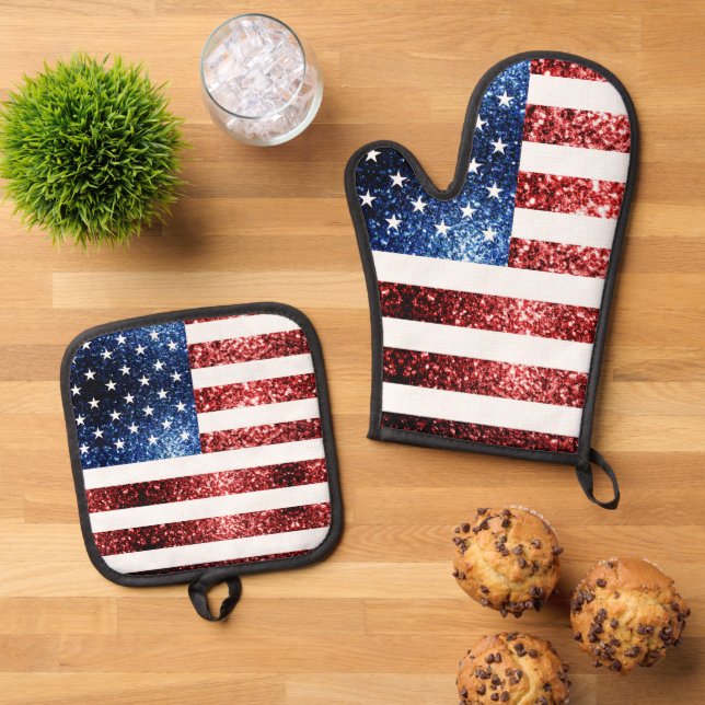 USA Flaggen Rot-Blau-Imitate Glitzern patriotische Ofenhandschuh & Topflappen-Set (Oben Unten)