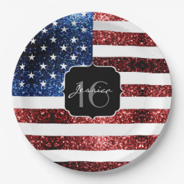 USA Flaggen Rot blaue Glitzern Glitzer Sweet 16 Pappteller