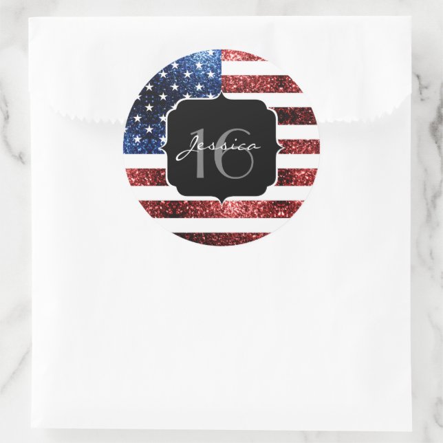 USA Flaggen Rot blaue Glitzern Glitzer Sweet 16 Runder Aufkleber (Tasche)