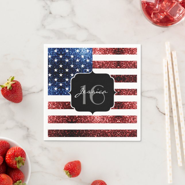 USA Flaggen Rot blaue Glitzern Glitzer Sweet 16 Serviette (Beispiel)