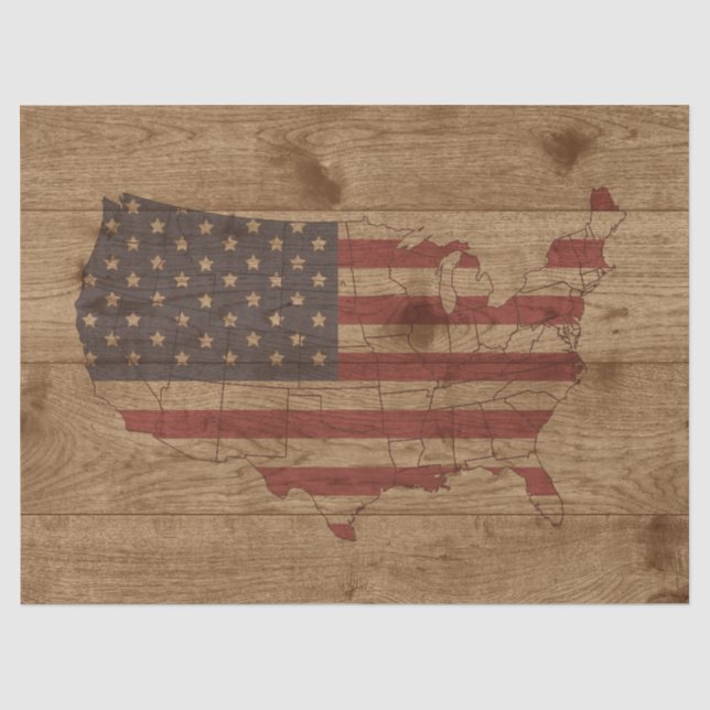 USA Form amerikanische Flagge über rustikales Holz Seidenpapier (Vorderseite)