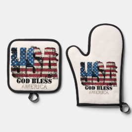 USA Gott segne Amerika Ofenhandschuh & Topflappen-Set