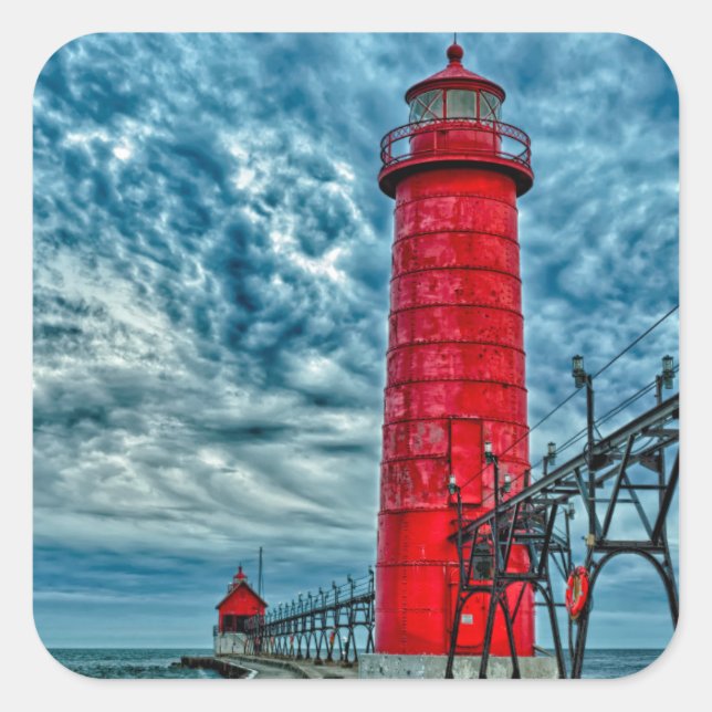 USA, Grand Haven, Michigan, Leuchtturm Quadratischer Aufkleber (Vorderseite)
